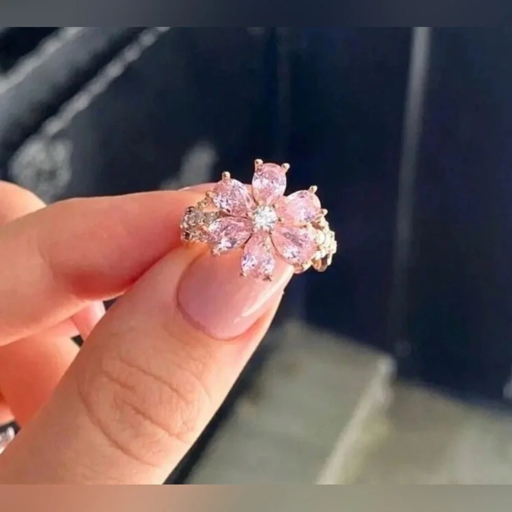 Sakura - Cherry Blossom  Pink Ring Size 10 in Silver  Color